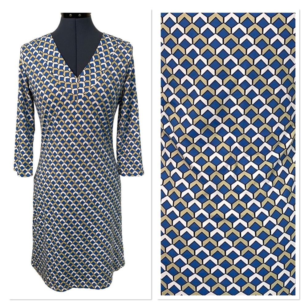 Barbara Gerwit Blue Geo Chevron 3/4 Sleeve Shift Dress Resortwear Stretch S NEW